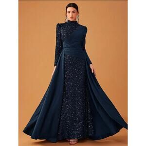 Elegant Formal mock neck sequin satin wrap gown old money Blue sequins Size M